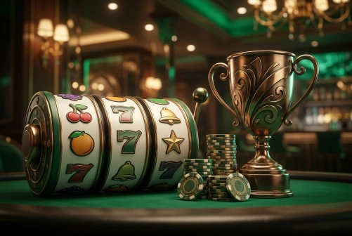 Slotwalzen, ein Pokal und Casinochips